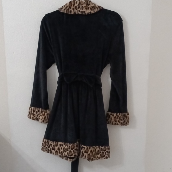 Betsey Johnson Velour Black W/ Leopard Faux Fur Trim Wrap Tie Robe Size L - Picture 3 of 7